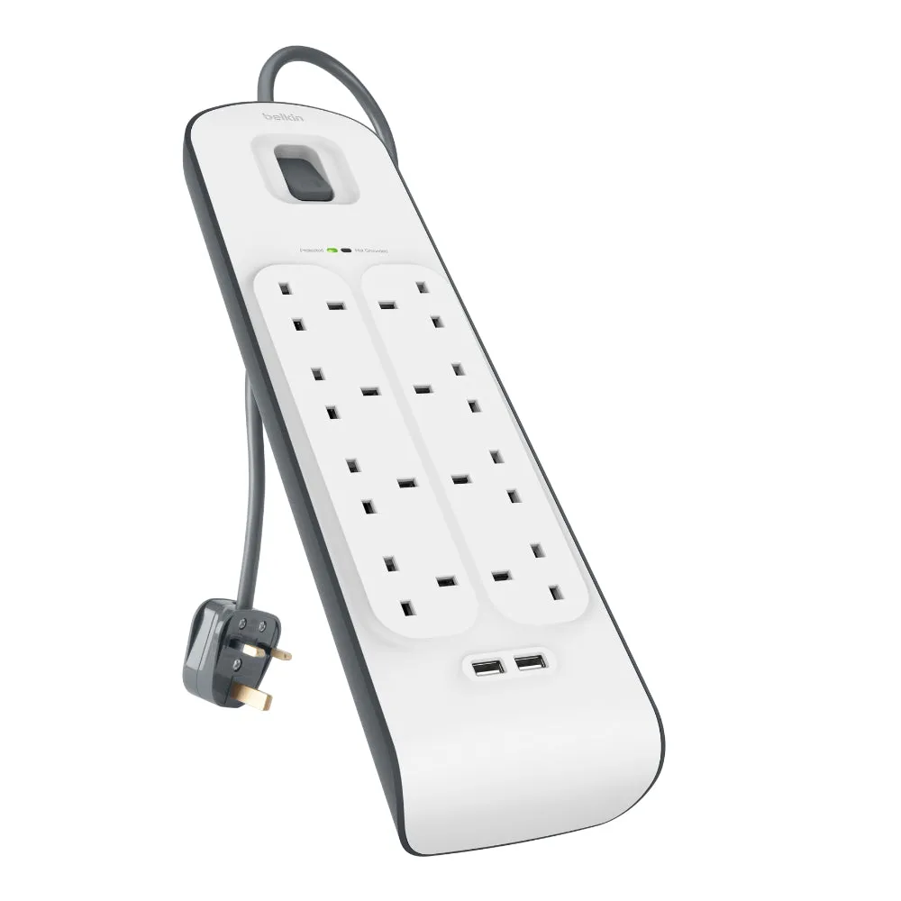 BELKIN 8 Way 2 m Surge Protection Strip with 2 x 2.4 A Shared USB Charging - White