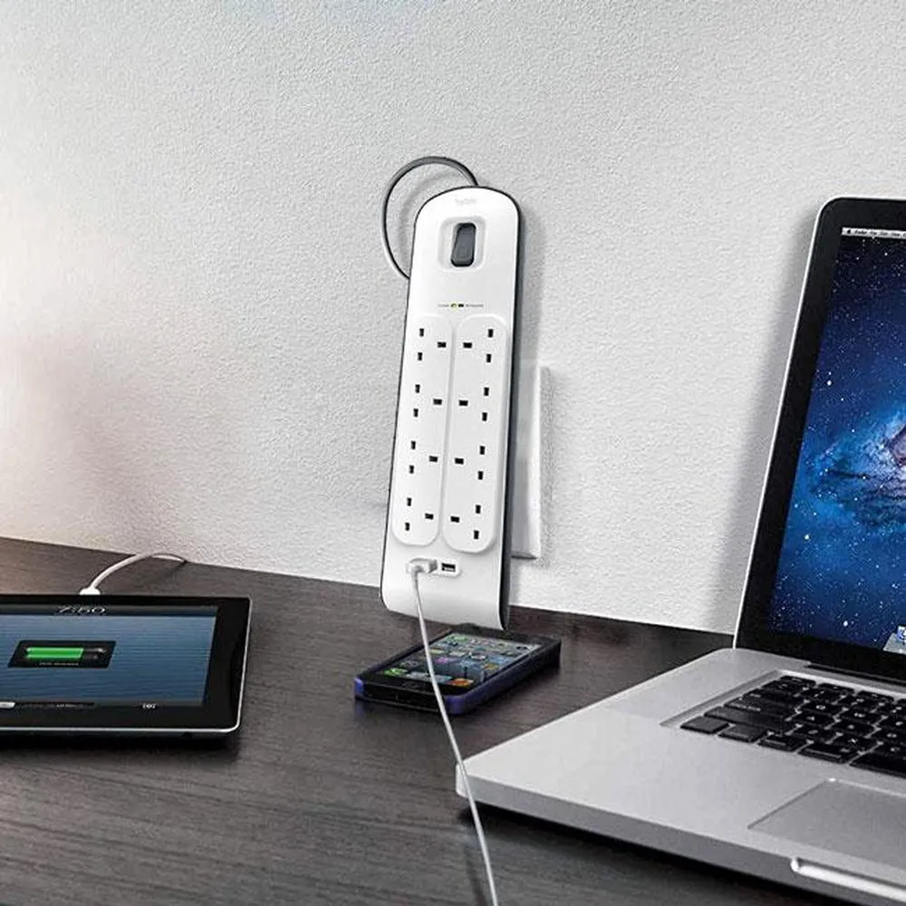 BELKIN 8 Way 2 m Surge Protection Strip with 2 x 2.4 A Shared USB Charging - White