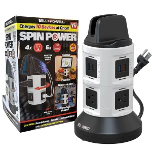 Bell Howell Spin Power Strip Tower Surge Protector - 4 Outlets 6 USB Ports 40" Retractable Cord 360 Rotation | Electric Charging Station with Built-in Phone & Tablet Holder | USB Outlet Extender