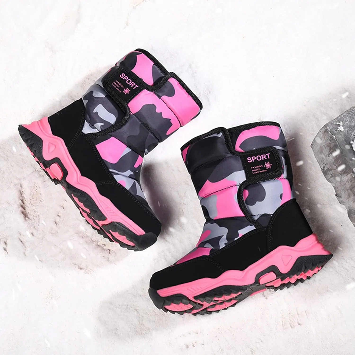 Big Kid Snow Boots Winter Camouflage Boy Shoes Wterproof Hook And Loop Mid Calf Faux Fur Liing Winter Shoes