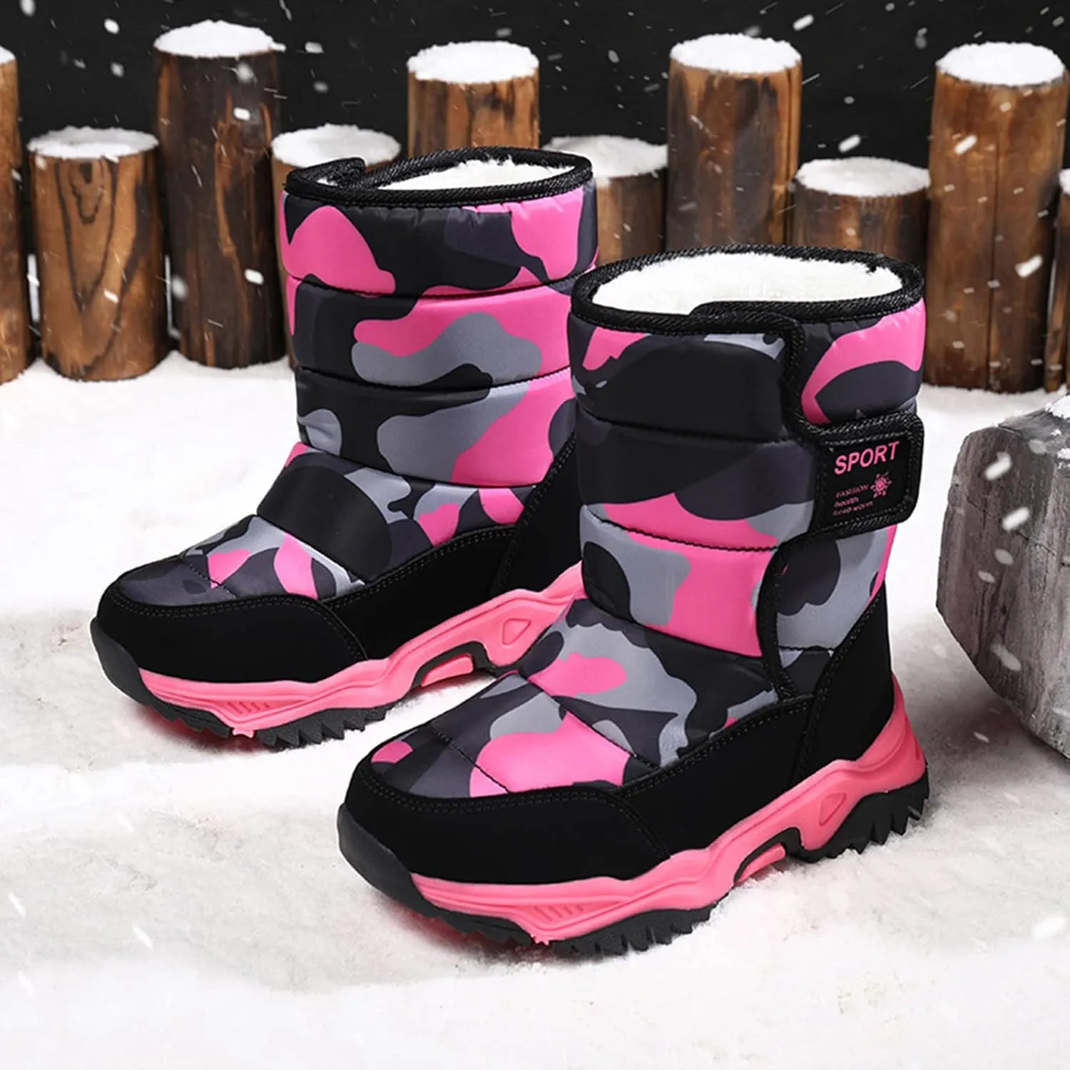 Big Kid Snow Boots Winter Camouflage Boy Shoes Wterproof Hook And Loop Mid Calf Faux Fur Liing Winter Shoes
