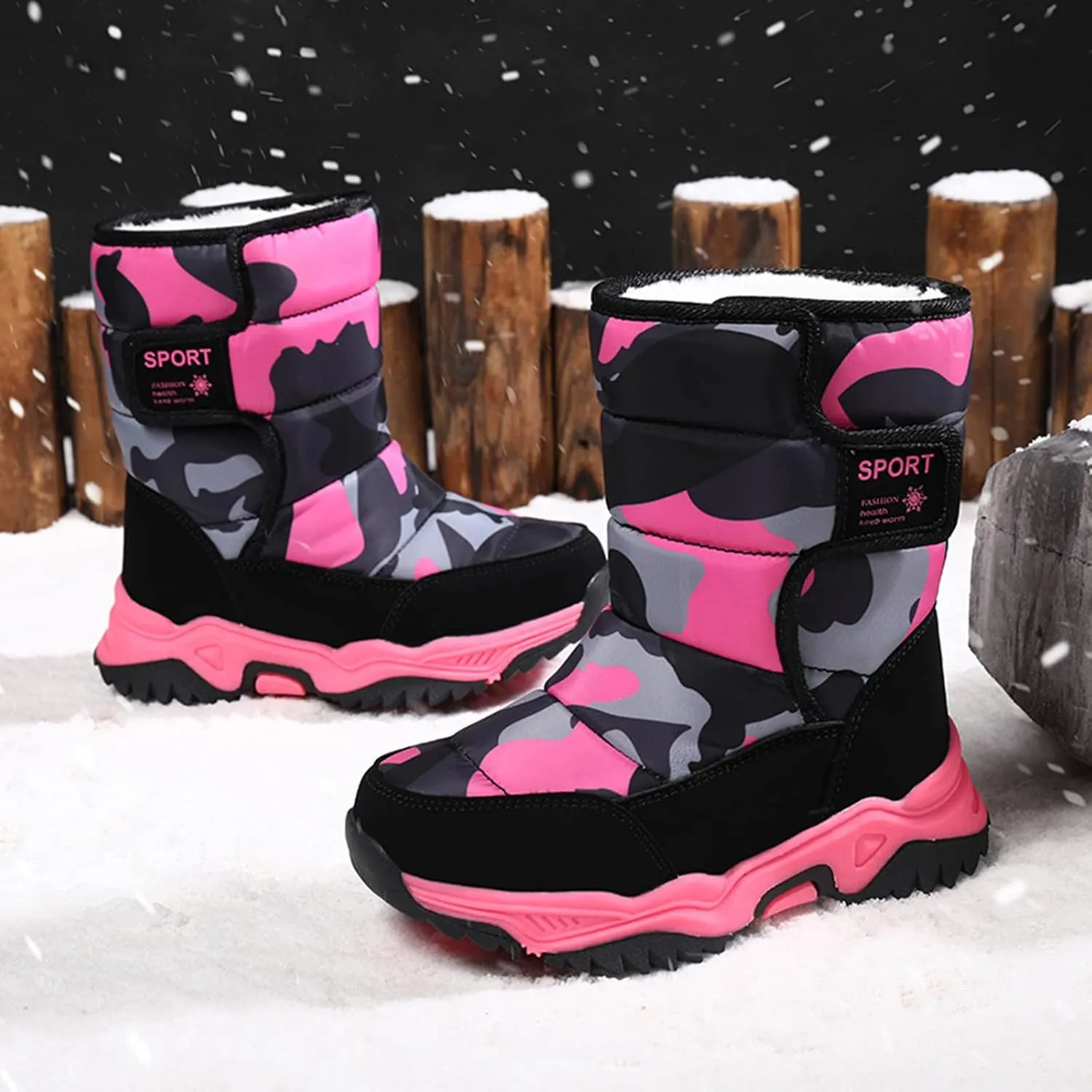 Big Kid Snow Boots Winter Camouflage Boy Shoes Wterproof Hook And Loop Mid Calf Faux Fur Liing Winter Shoes