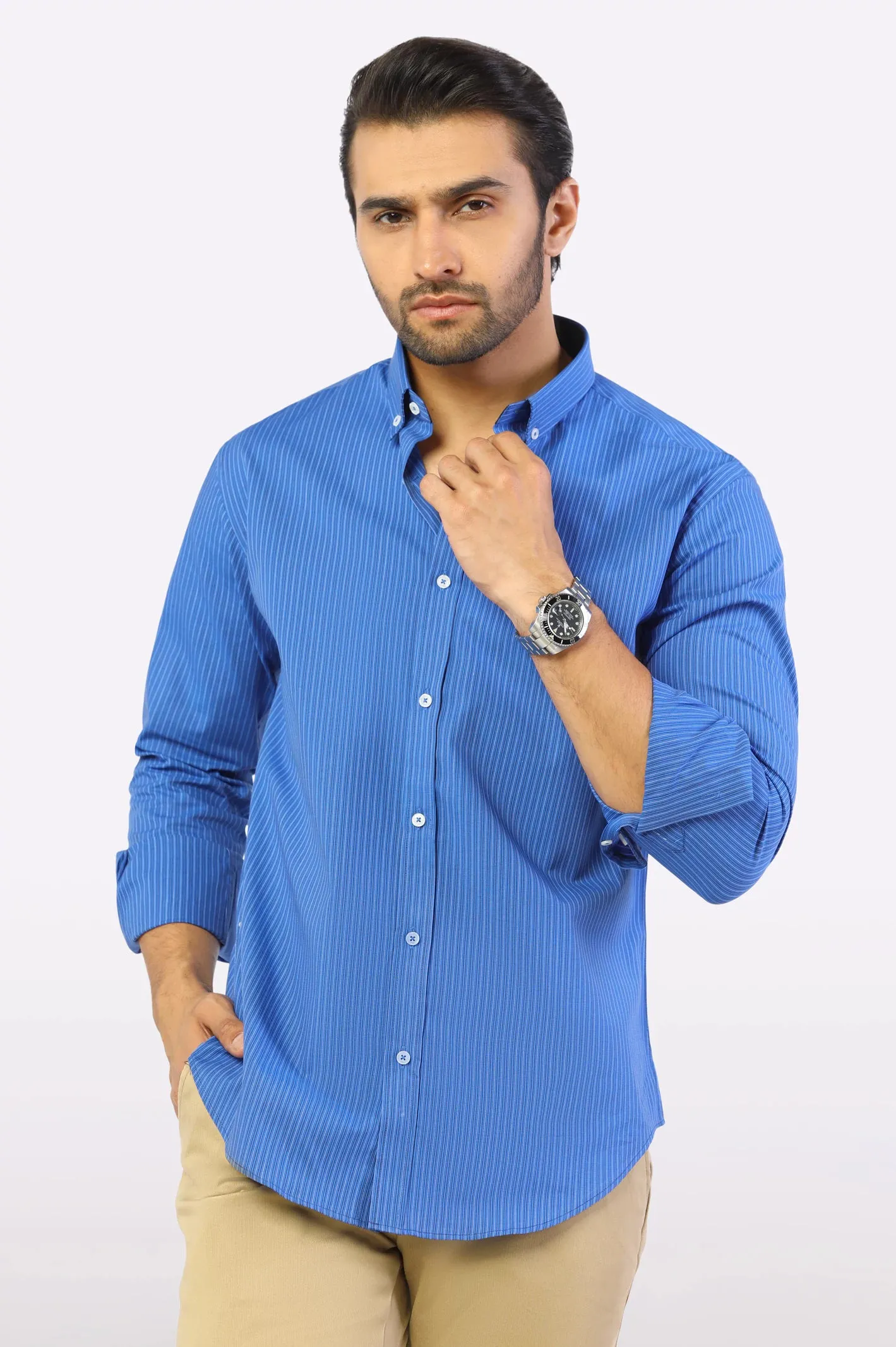 Blue Pencil Stripe Casual Shirt