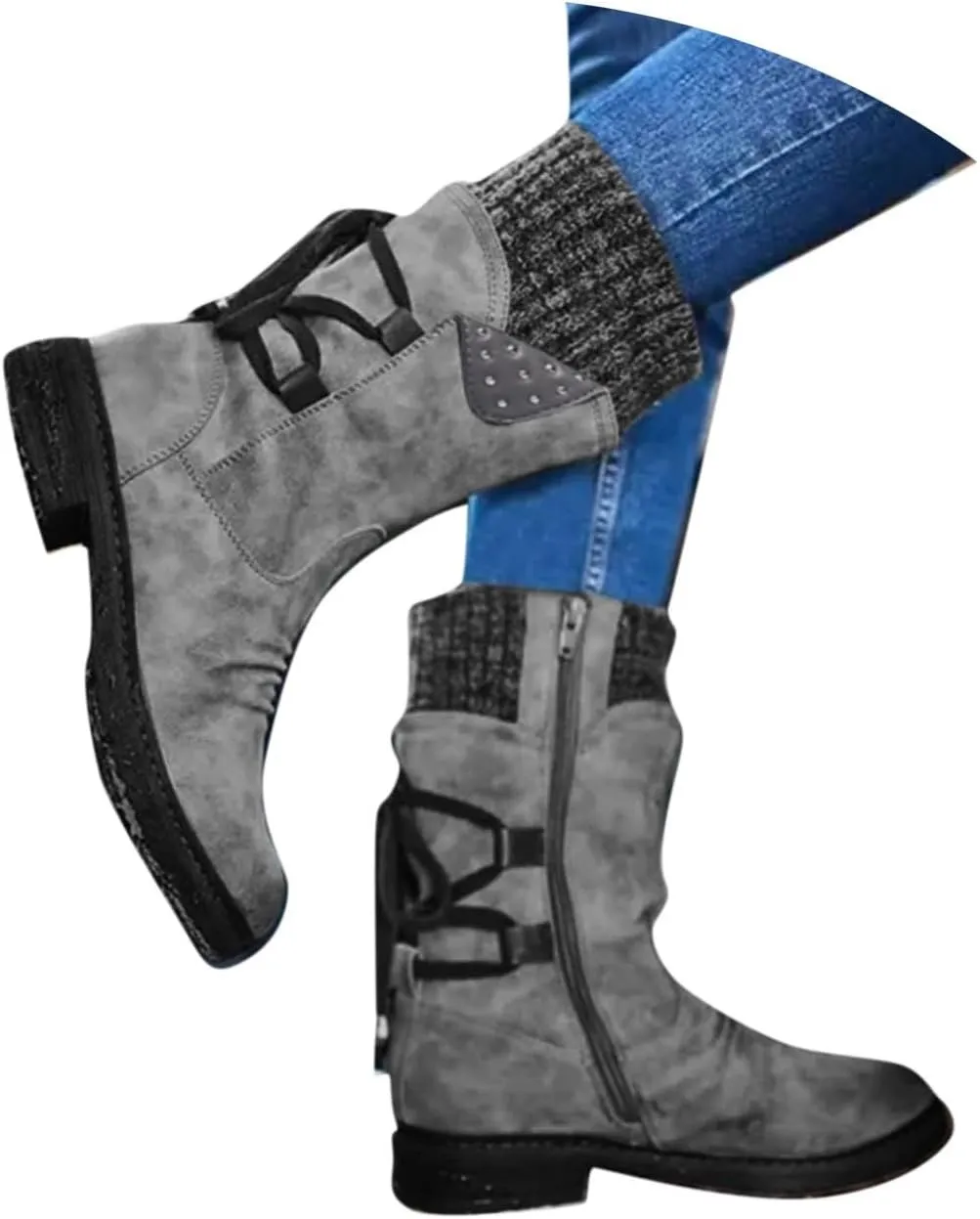 Boots for Women Lace-up Fur Lined Mid Calf Shoes Waterproof Winter Snow Booties Heel Chunky Thick with Round Toe Side Zipper