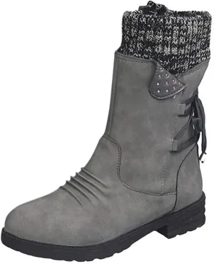 Boots for Women Lace-up Fur Lined Mid Calf Shoes Waterproof Winter Snow Booties Heel Chunky Thick with Round Toe Side Zipper