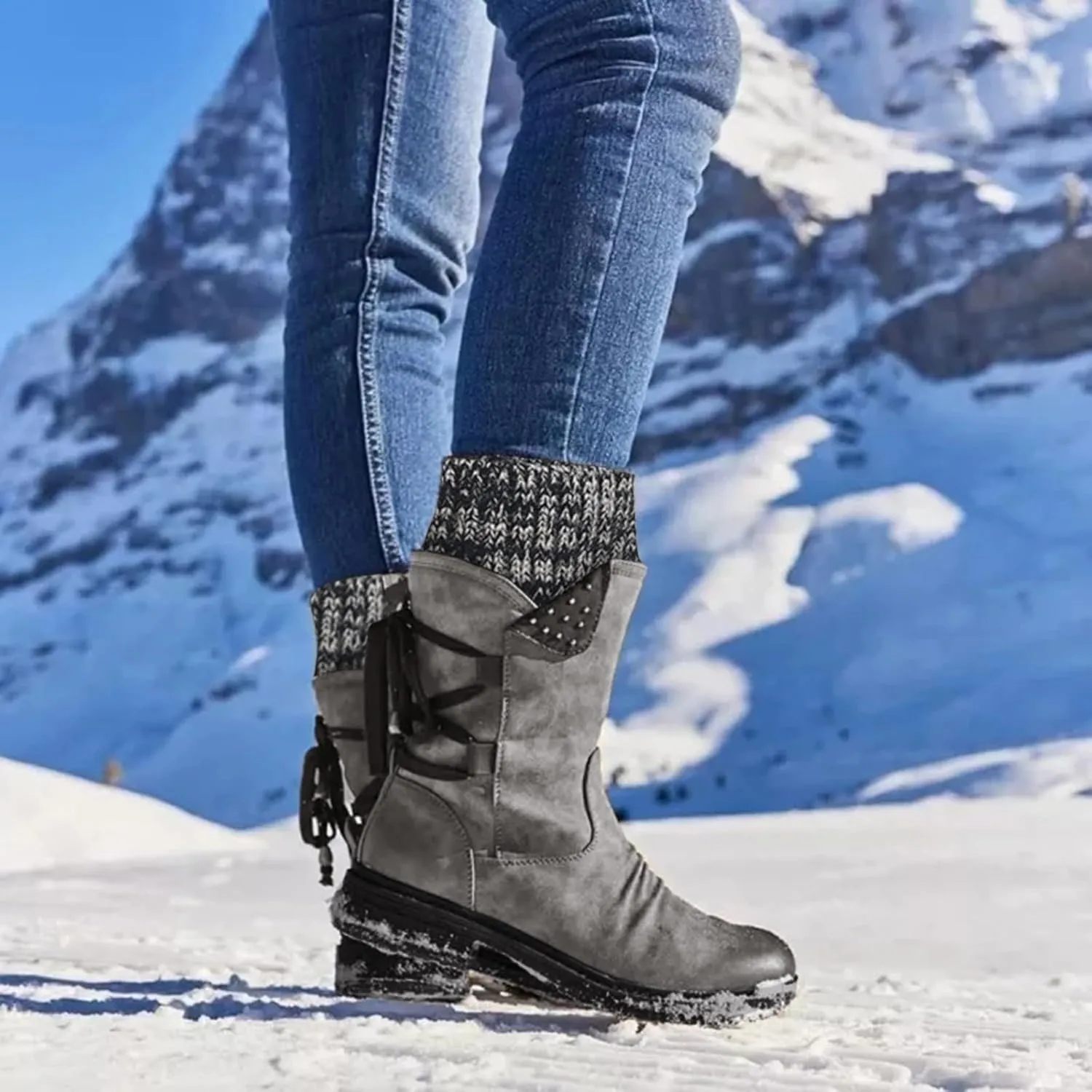 Boots for Women Lace-up Fur Lined Mid Calf Shoes Waterproof Winter Snow Booties Heel Chunky Thick with Round Toe Side Zipper