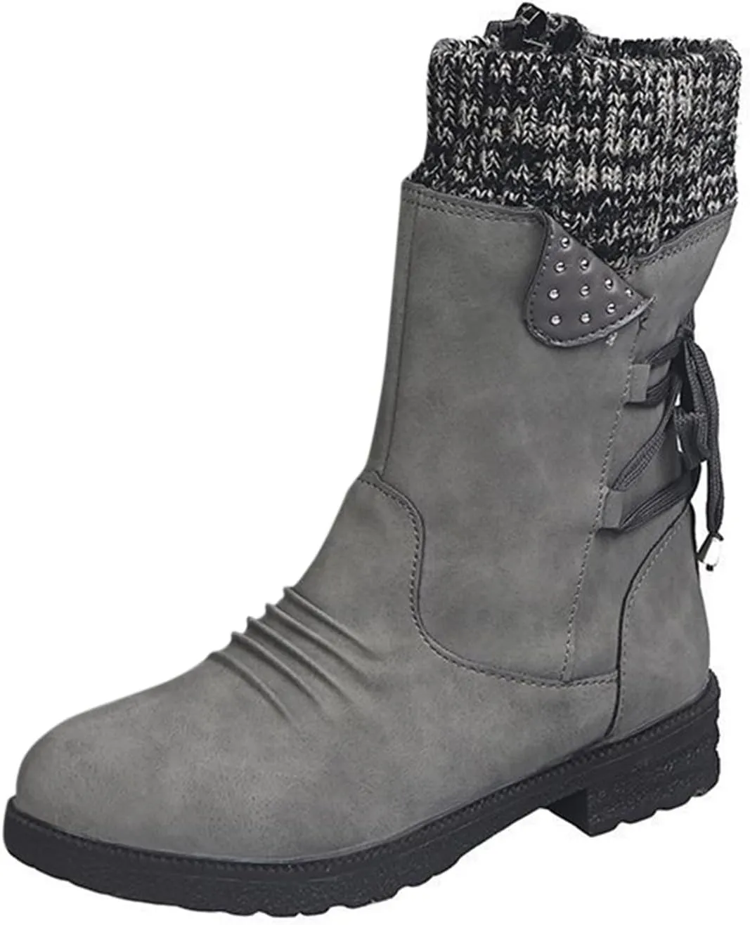 Boots for Women Lace-up Fur Lined Mid Calf Shoes Waterproof Winter Snow Booties Heel Chunky Thick with Round Toe Side Zipper