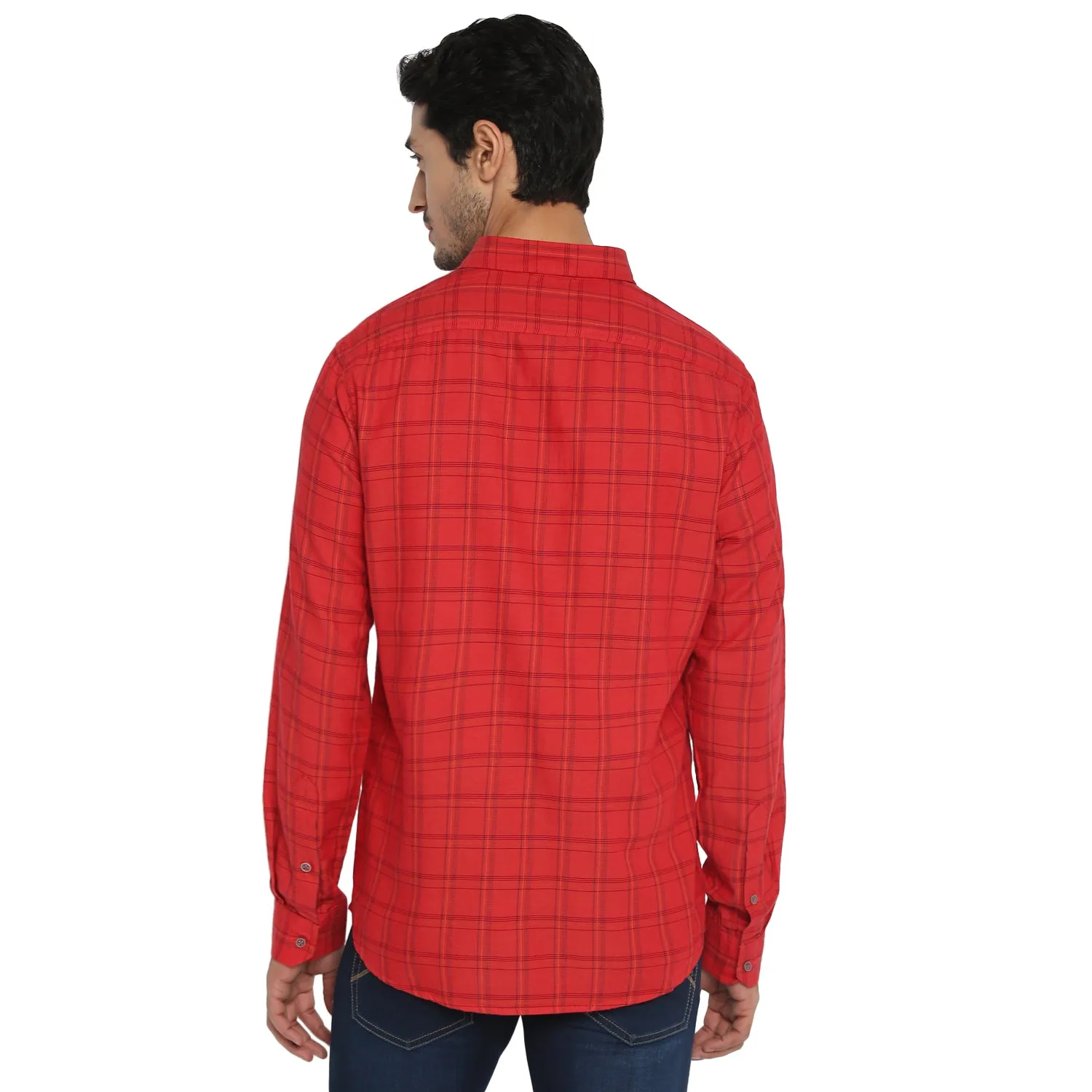 Cotton Red Checkered Slim Fit Casual Shirt