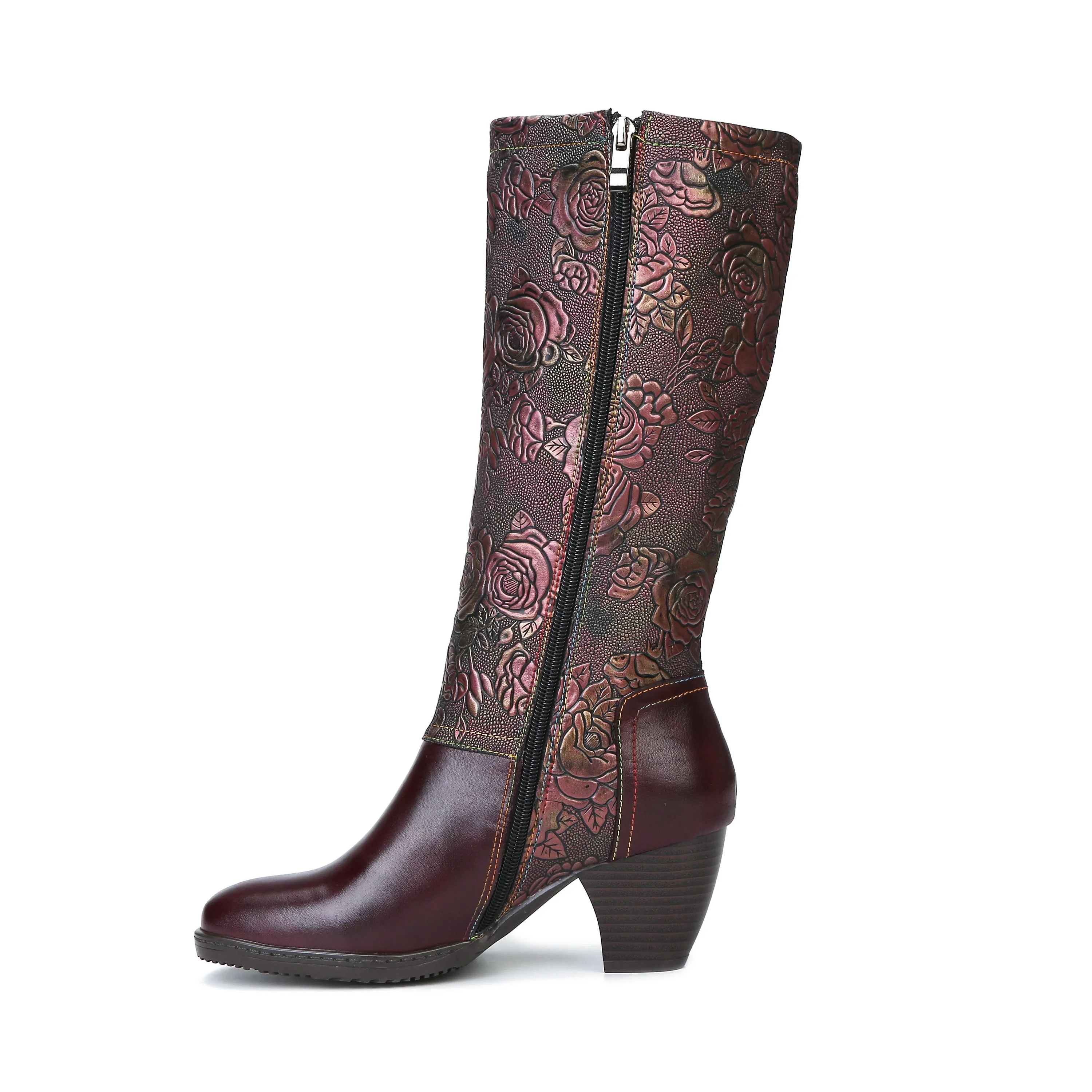 CrazycatZ Womens Leather  Knee High Boots Patterned Long Boots Vintage Boots Purple