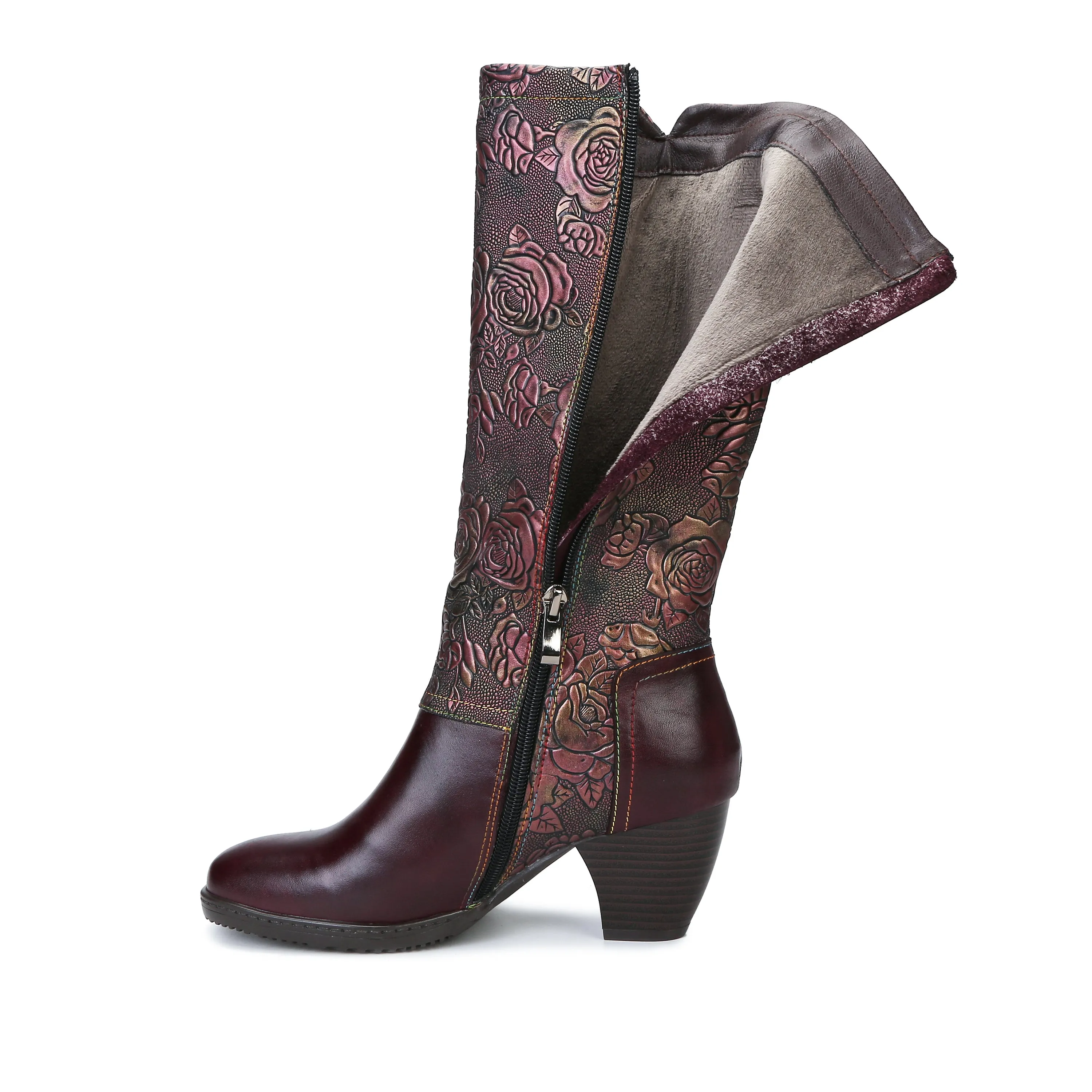 CrazycatZ Womens Leather  Knee High Boots Patterned Long Boots Vintage Boots Purple