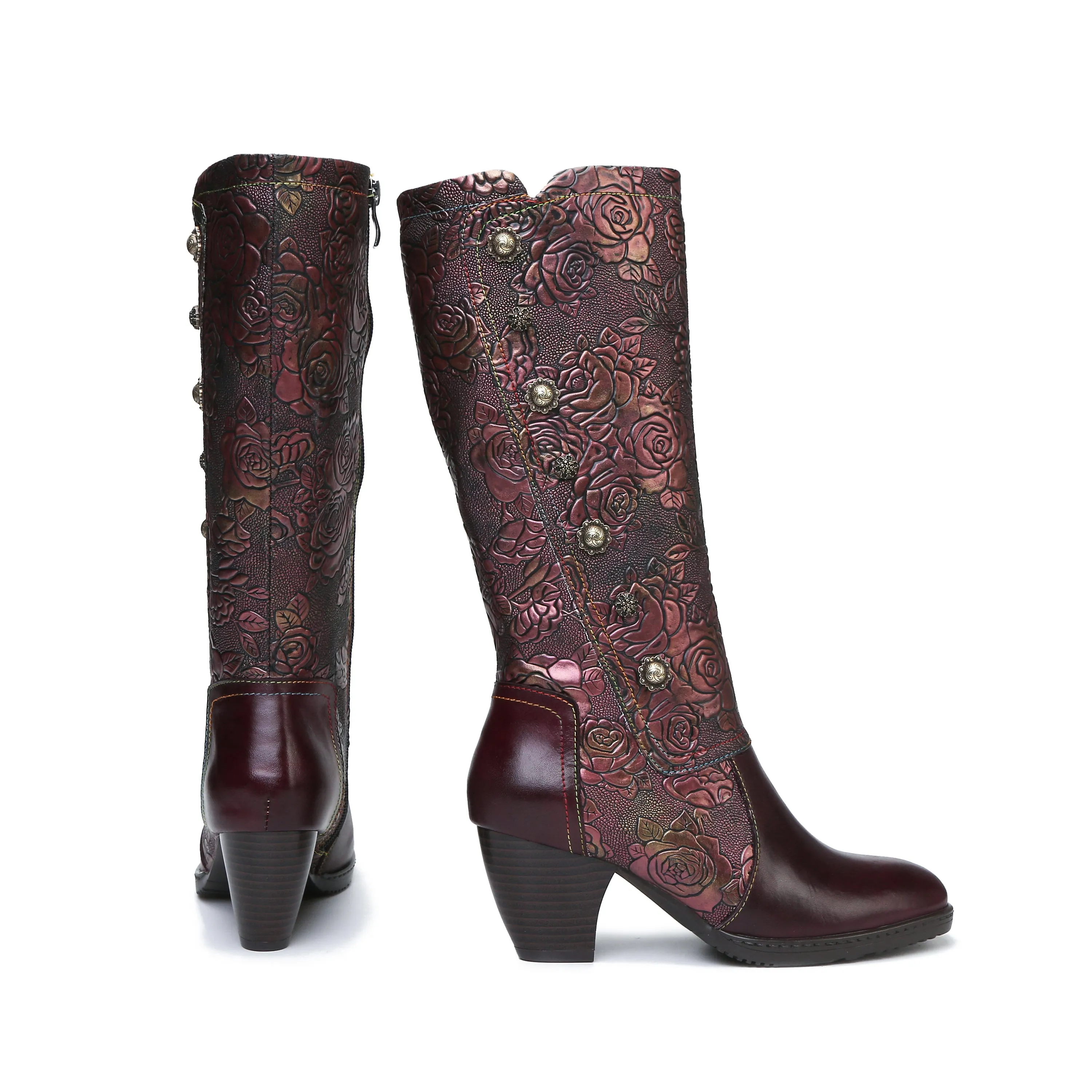 CrazycatZ Womens Leather  Knee High Boots Patterned Long Boots Vintage Boots Purple