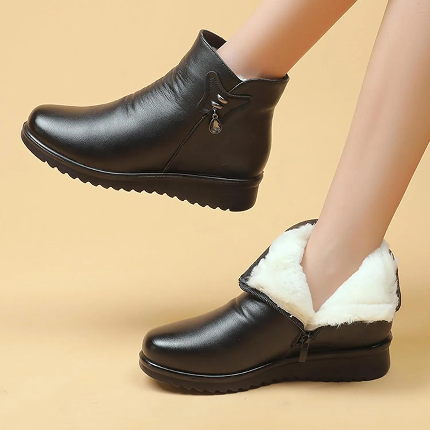 Ctreela Fur Lined Slip-On Ankle Boots for Women Winter Soft Furry Lug Sole Short Snow Boots Outdoor Insulated Platform Shoes