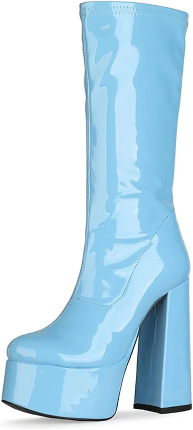 femflame Women's Mid Calf Boots Round Toe Platform Chunky High Heel Side Zipper PU Leather Pull-on Cosplay Boots Party Dress Shoes