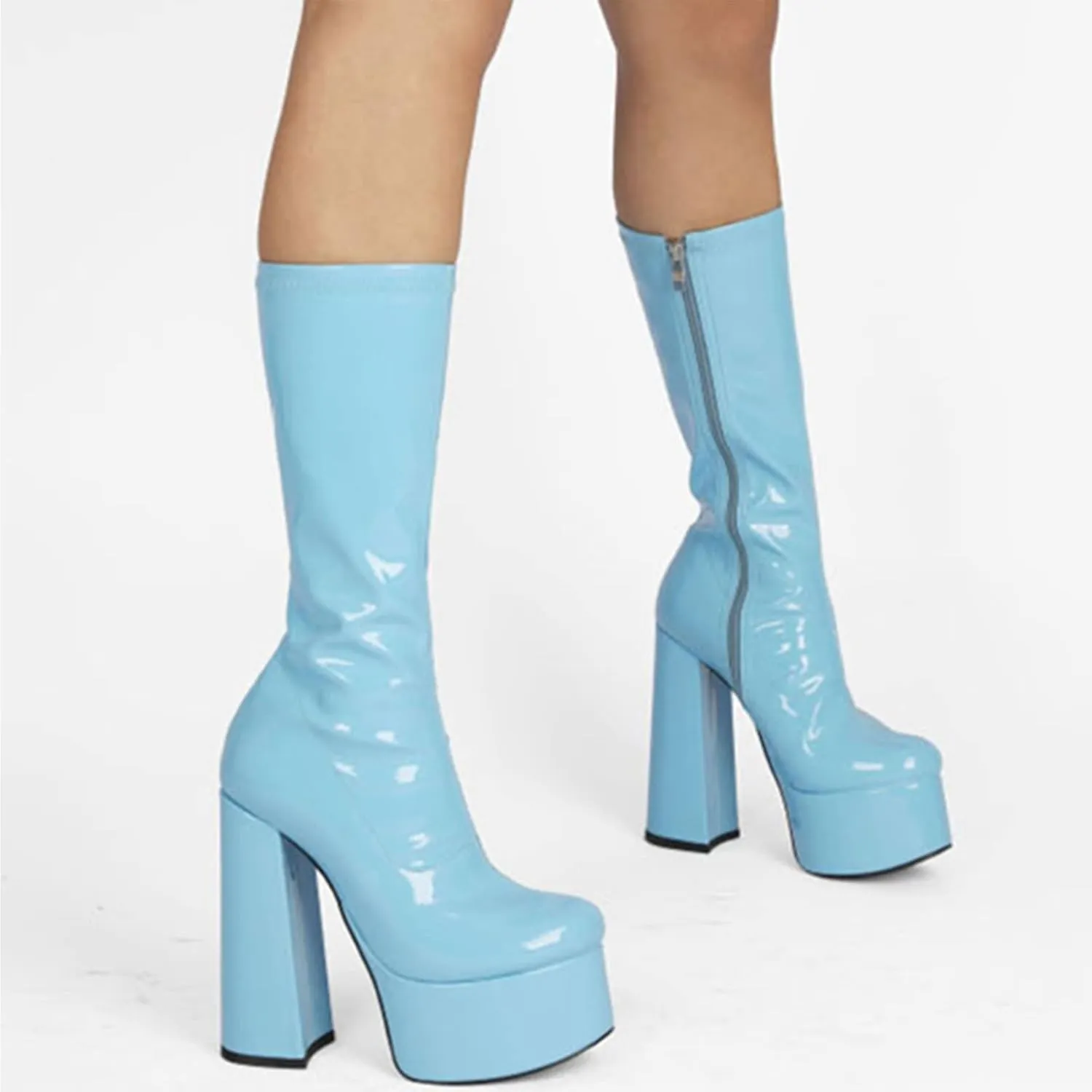 femflame Women's Mid Calf Boots Round Toe Platform Chunky High Heel Side Zipper PU Leather Pull-on Cosplay Boots Party Dress Shoes
