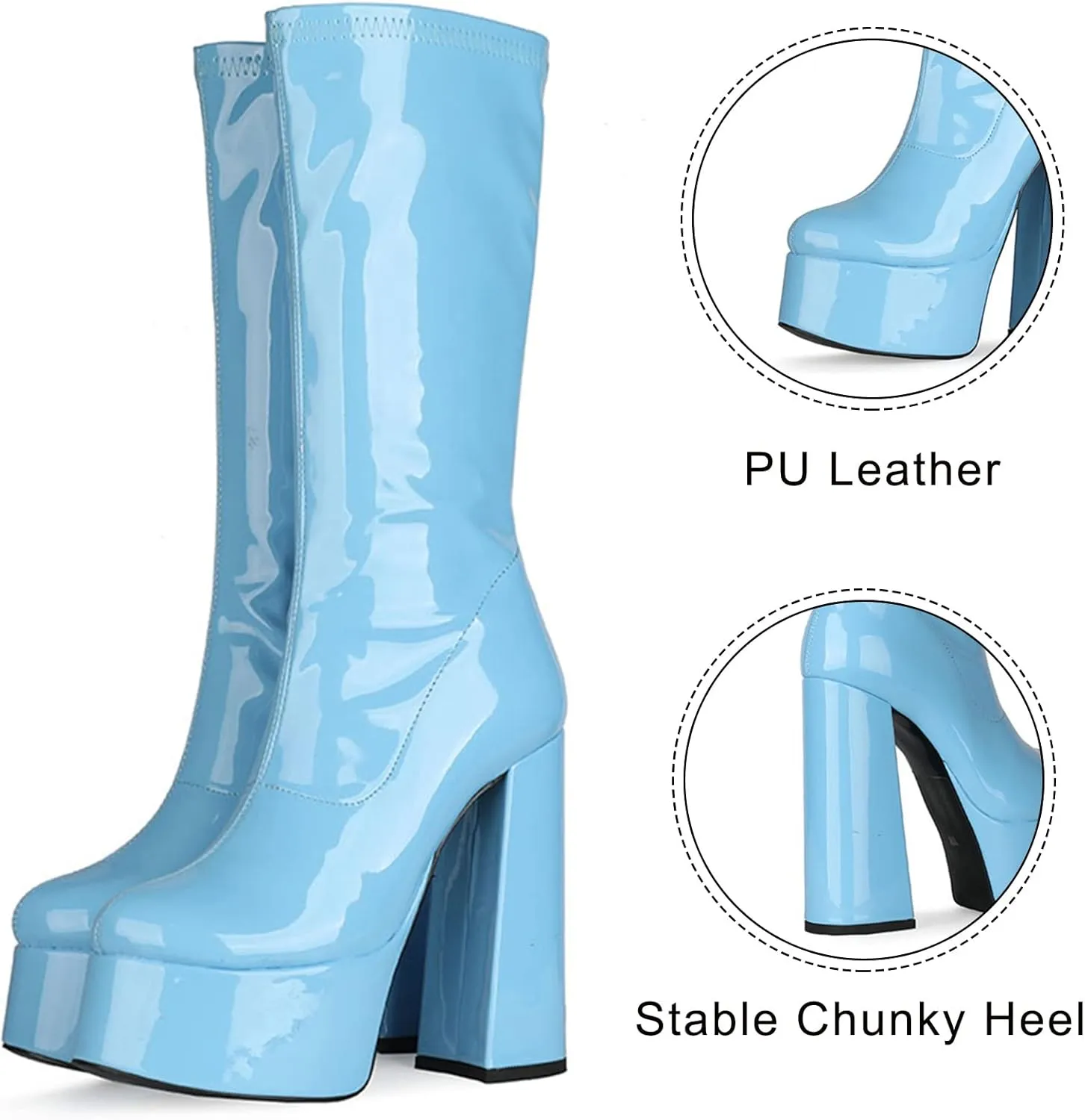 femflame Women's Mid Calf Boots Round Toe Platform Chunky High Heel Side Zipper PU Leather Pull-on Cosplay Boots Party Dress Shoes