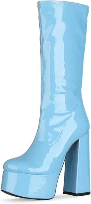 femflame Women's Mid Calf Boots Round Toe Platform Chunky High Heel Side Zipper PU Leather Pull-on Cosplay Boots Party Dress Shoes
