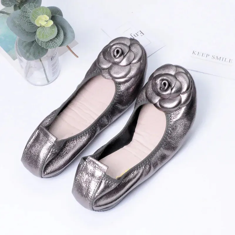 Genuine Leather Flowers Round Toe Soft Bottom Flat