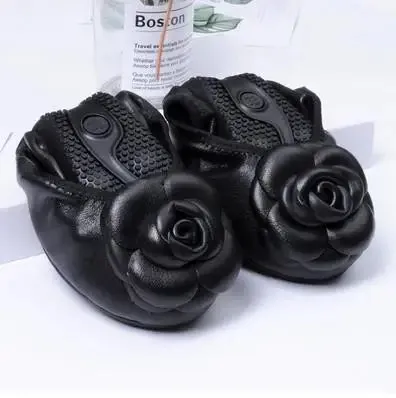Genuine Leather Flowers Round Toe Soft Bottom Flat