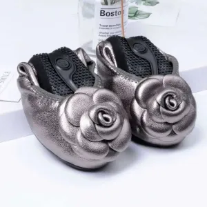 Genuine Leather Flowers Round Toe Soft Bottom Flat