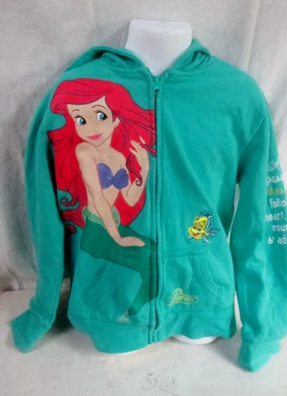 Girls DISNEY PRINCESS THE LITTLE MERMAID ARIEL Sweatshirt JACKET Hoodie Sweatshirt M Green
