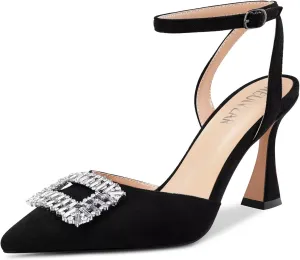 HEUIVZAR Women High Chunky Block Heel Pointed Toe Sandals Ankle Strap Diamond Crystal Buckle Wedding Dress Shoes