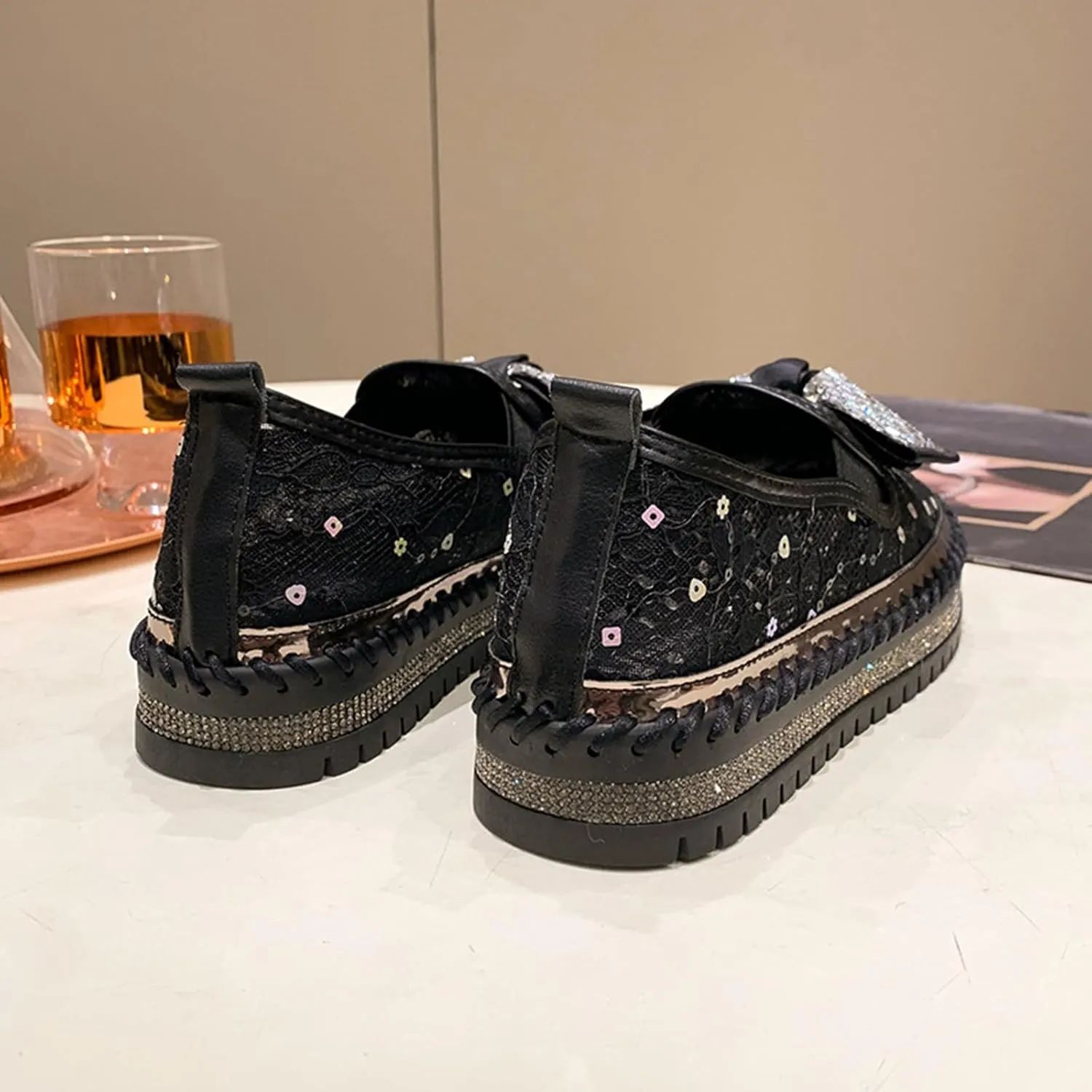HINDOLA Women's Platform Rhinestone Sneaker Casual Fashion Slip-On Sparkle Bling Flat Loafers Bow Mesh Breathable Sneakers Glitter Walking Dress Shoes Black