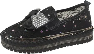 HINDOLA Women's Platform Rhinestone Sneaker Casual Fashion Slip-On Sparkle Bling Flat Loafers Bow Mesh Breathable Sneakers Glitter Walking Dress Shoes Black
