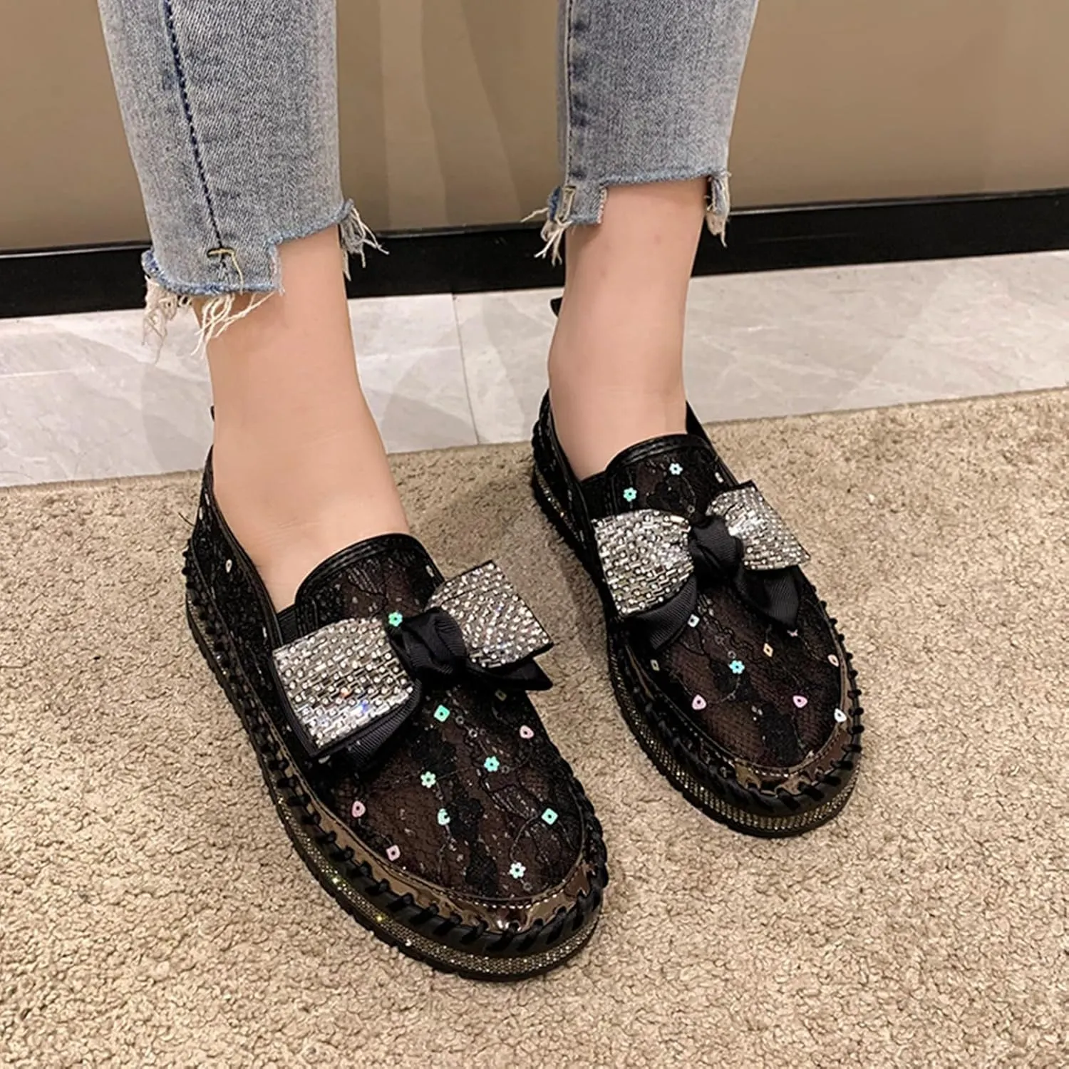 HINDOLA Women's Platform Rhinestone Sneaker Casual Fashion Slip-On Sparkle Bling Flat Loafers Bow Mesh Breathable Sneakers Glitter Walking Dress Shoes Black