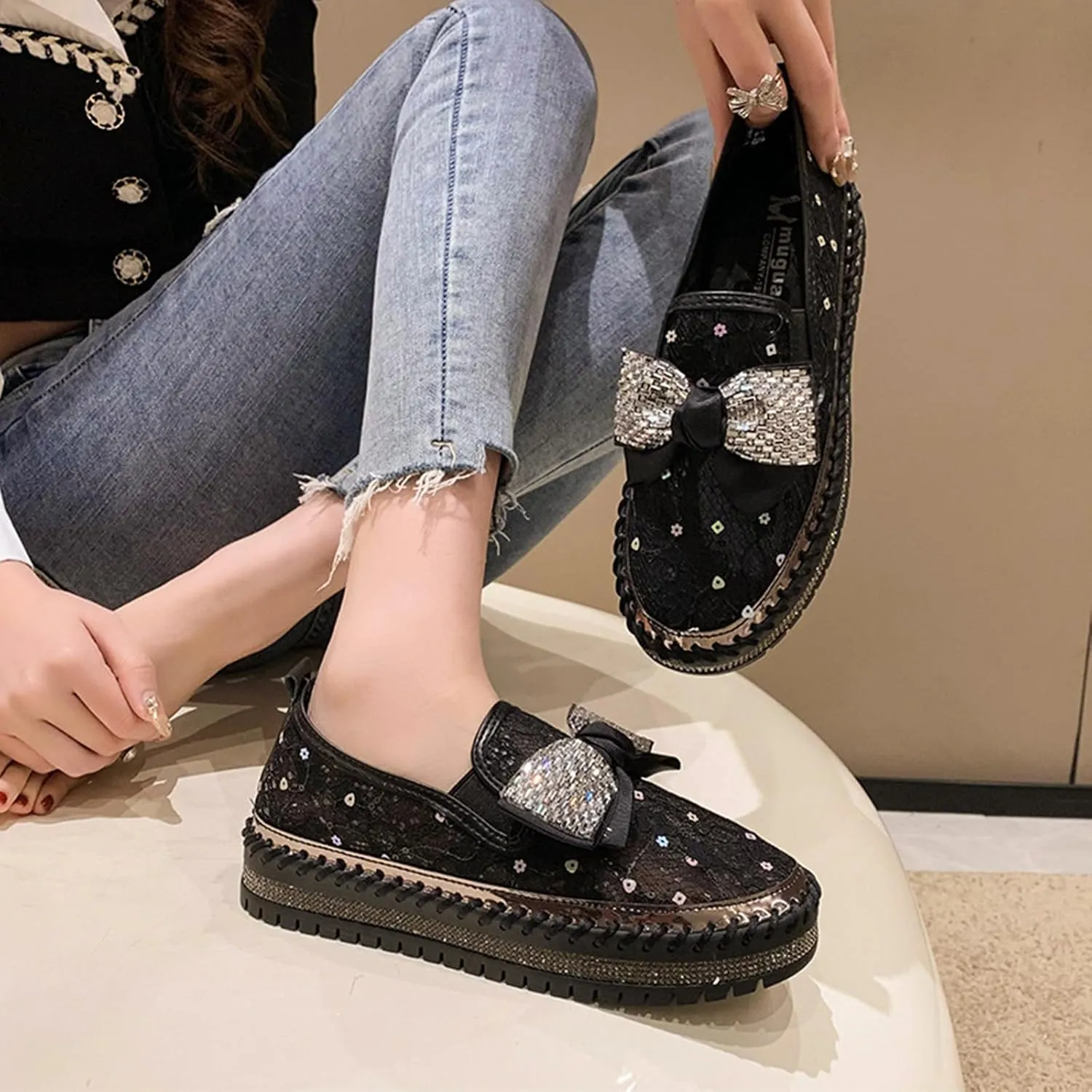 HINDOLA Women's Platform Rhinestone Sneaker Casual Fashion Slip-On Sparkle Bling Flat Loafers Bow Mesh Breathable Sneakers Glitter Walking Dress Shoes Black