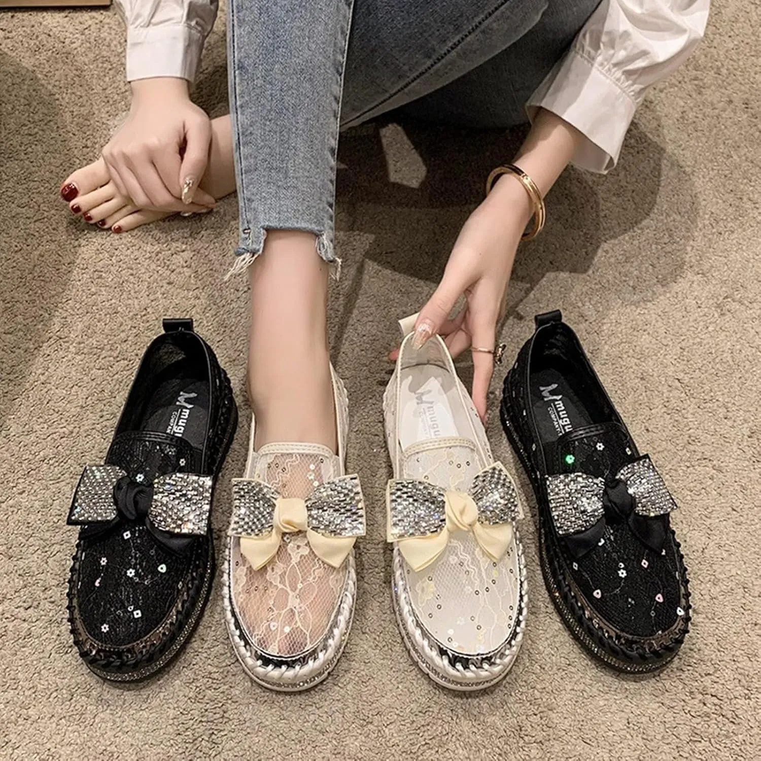 HINDOLA Women's Platform Rhinestone Sneaker Casual Fashion Slip-On Sparkle Bling Flat Loafers Bow Mesh Breathable Sneakers Glitter Walking Dress Shoes Black