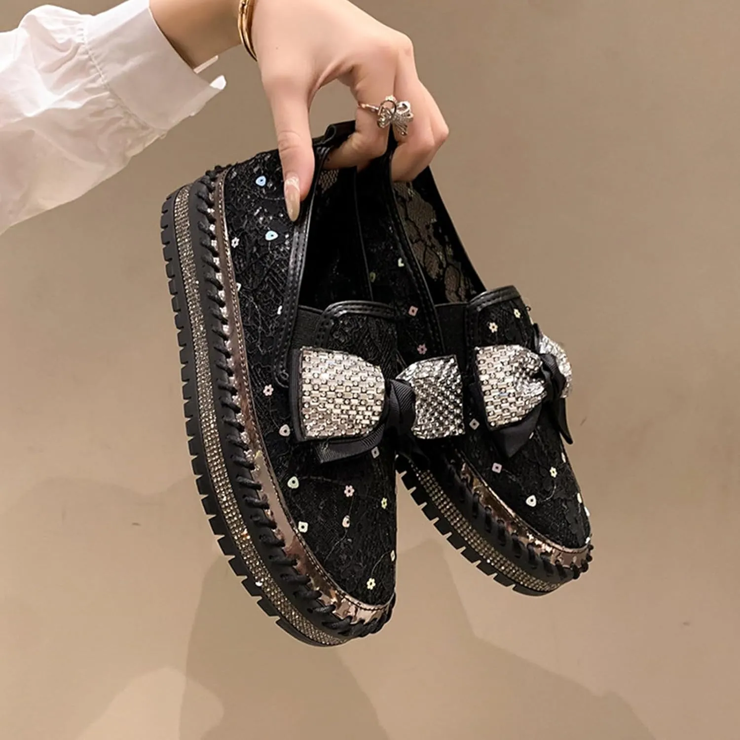HINDOLA Women's Platform Rhinestone Sneaker Casual Fashion Slip-On Sparkle Bling Flat Loafers Bow Mesh Breathable Sneakers Glitter Walking Dress Shoes Black