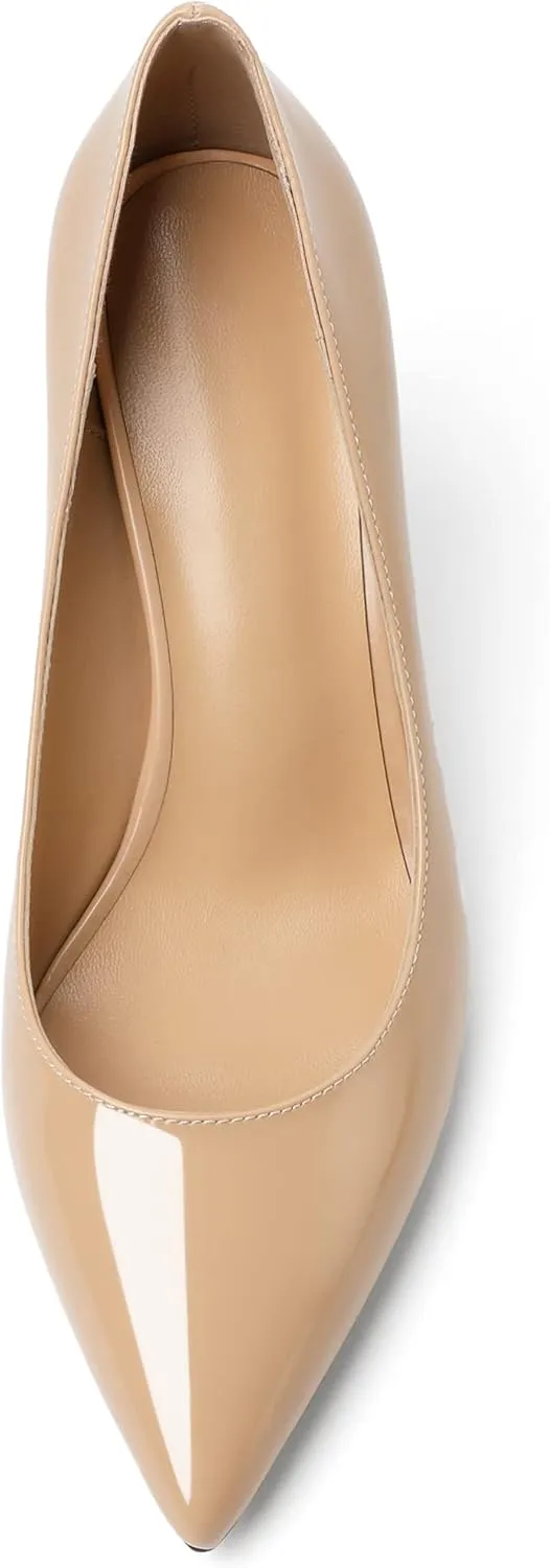 Joseywade Womens High Heels Pointed Toe Stilettos Heel Pumps Slip-on Closed Toe 3.5 Inch Flare Heels Leather Dress Shoes