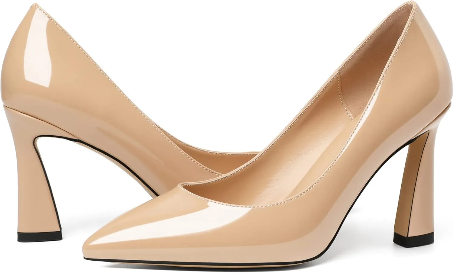 Joseywade Womens High Heels Pointed Toe Stilettos Heel Pumps Slip-on Closed Toe 3.5 Inch Flare Heels Leather Dress Shoes