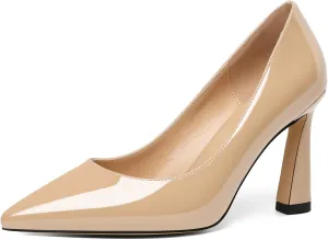 Joseywade Womens High Heels Pointed Toe Stilettos Heel Pumps Slip-on Closed Toe 3.5 Inch Flare Heels Leather Dress Shoes