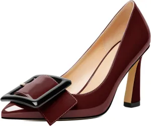 Joseywade Womens High Stilettos Heels Pointed Toe Pumps Slip-on Closed Toe Big Buckle 3.5 Inch Flare Heel Dress Shoes