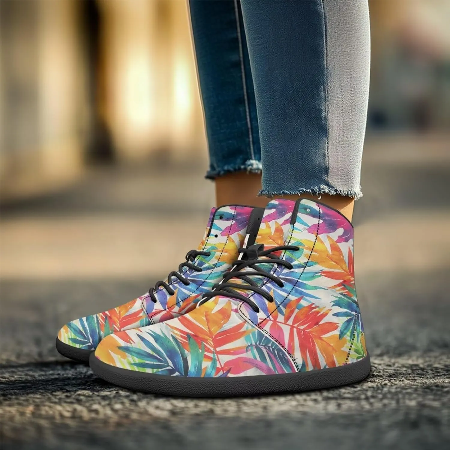 JoyLamoria Men Women High Top Barefoot Shoes Rainbow Pattern Pattern LGBT Fashion Sneakers Lace Up PU Leather Platform