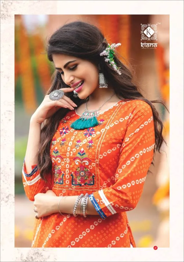 Kiana Presents Bandhani Pure Rayon Cotton Casual Wear Kurtis Collection