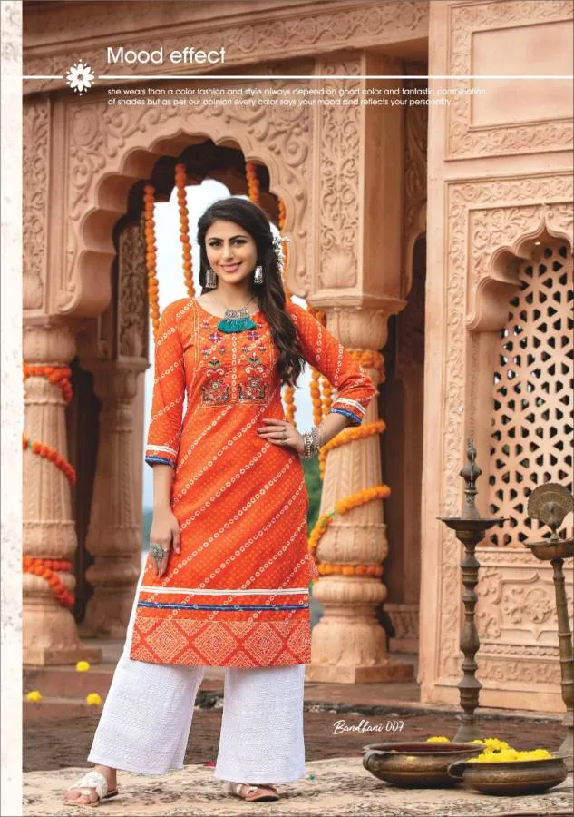 Kiana Presents Bandhani Pure Rayon Cotton Casual Wear Kurtis Collection