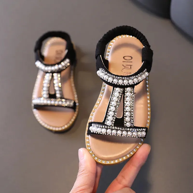 Kids Girls Summer Sandals Fashion Pearl Roman Sandals Rhinestone Princess Shoes - YGSD50613