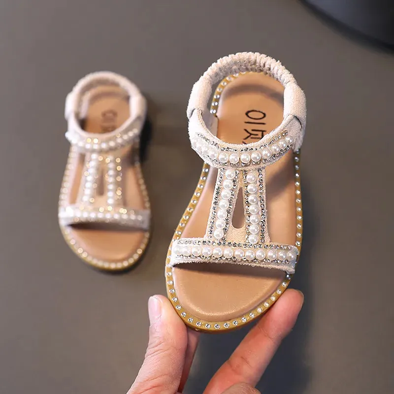 Kids Girls Summer Sandals Fashion Pearl Roman Sandals Rhinestone Princess Shoes - YGSD50613