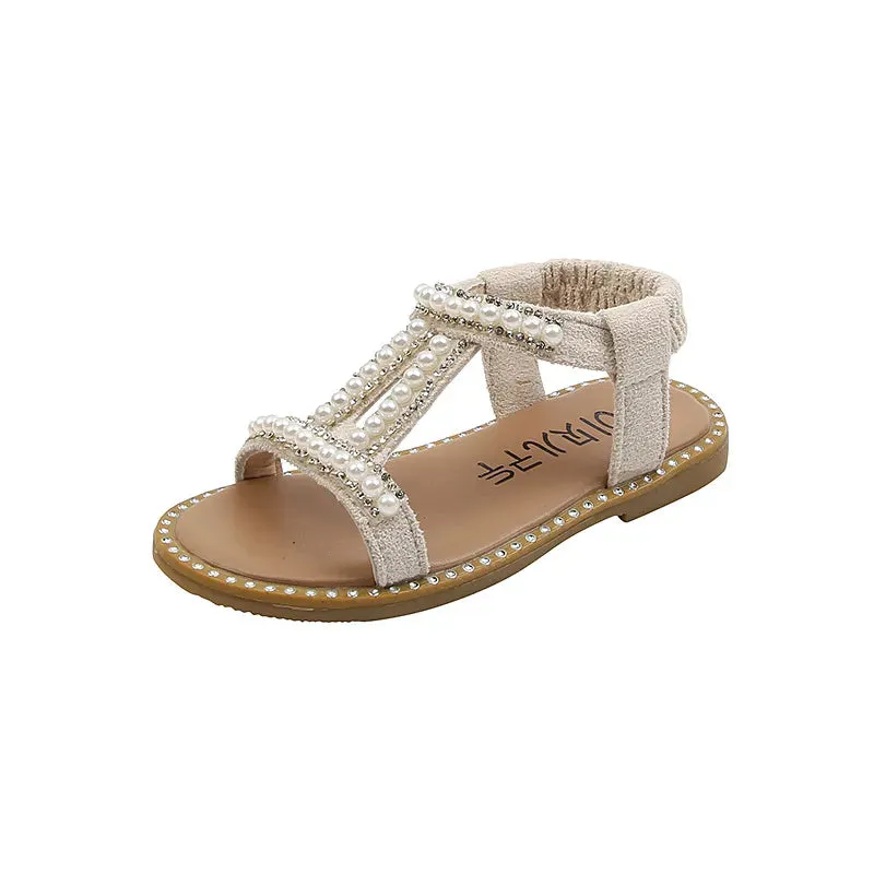 Kids Girls Summer Sandals Fashion Pearl Roman Sandals Rhinestone Princess Shoes - YGSD50613