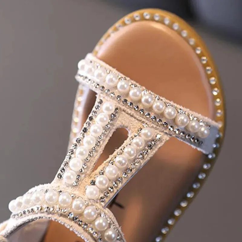Kids Girls Summer Sandals Fashion Pearl Roman Sandals Rhinestone Princess Shoes - YGSD50613