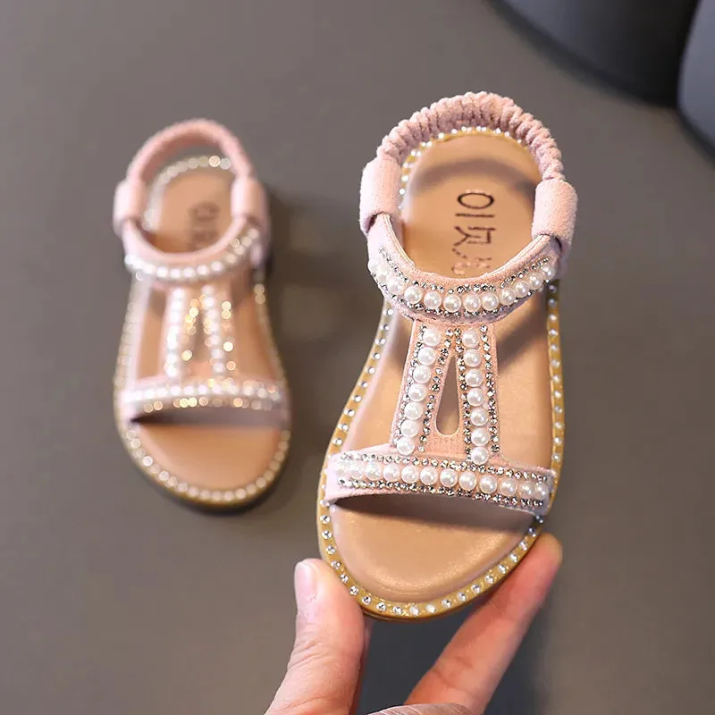 Kids Girls Summer Sandals Fashion Pearl Roman Sandals Rhinestone Princess Shoes - YGSD50613
