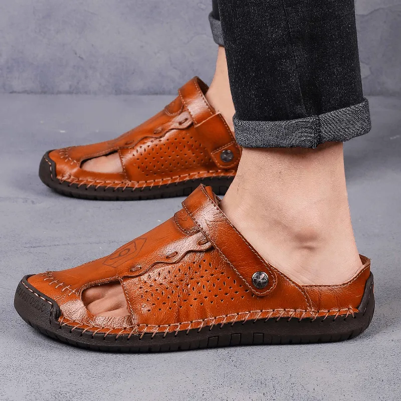 kkboxly kkboxly Men Leather Breathable Closed Toe Non Slip Comforty Casual Outdoor Sandals