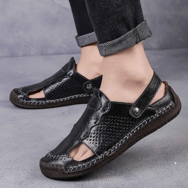 kkboxly kkboxly Men Leather Breathable Closed Toe Non Slip Comforty Casual Outdoor Sandals