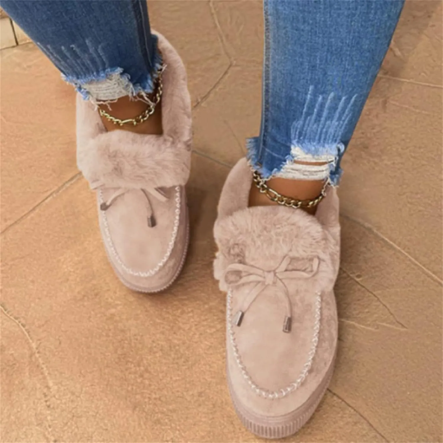 Ladmiple Booties For Women 2024 Snow Boots Winter Shoes Fur Lined Warm Slip On Ankle Boots Comfortable Walking Loafers Shoes