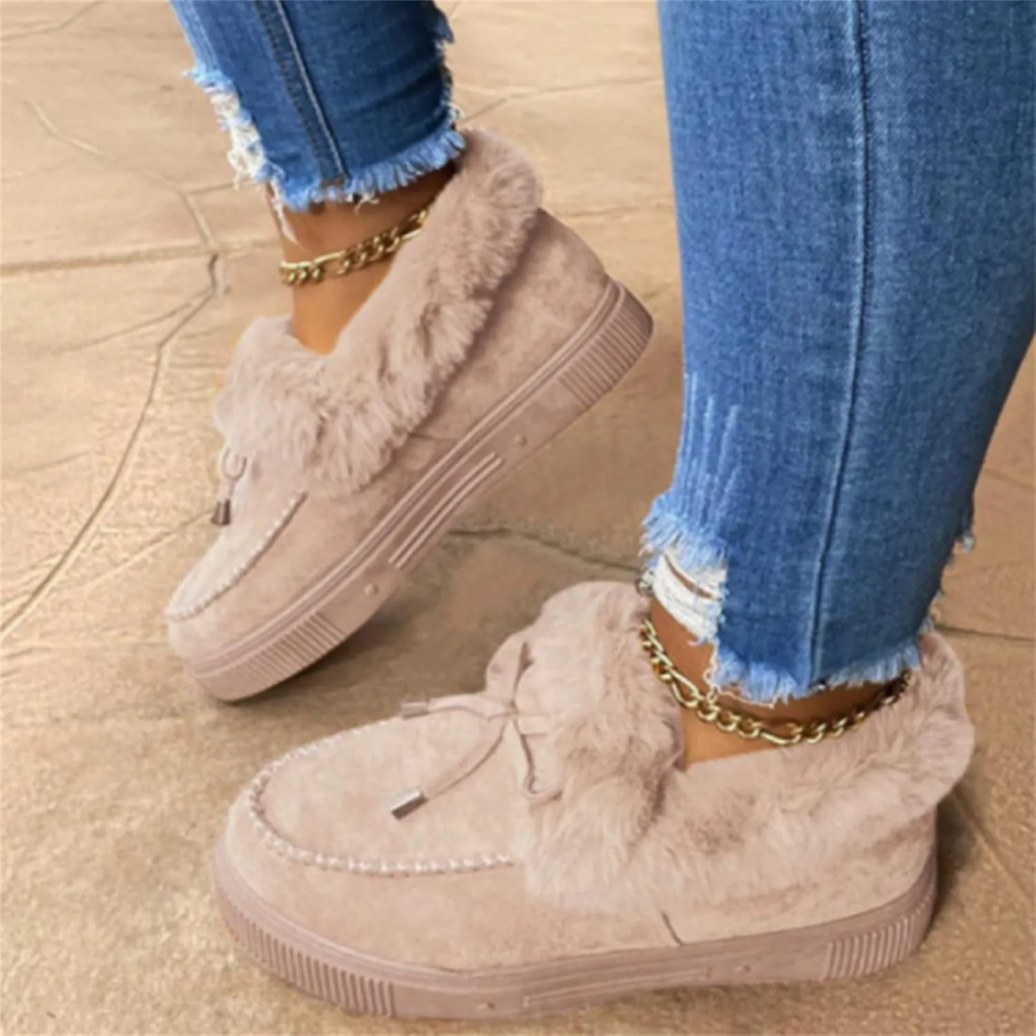Ladmiple Booties For Women 2024 Snow Boots Winter Shoes Fur Lined Warm Slip On Ankle Boots Comfortable Walking Loafers Shoes