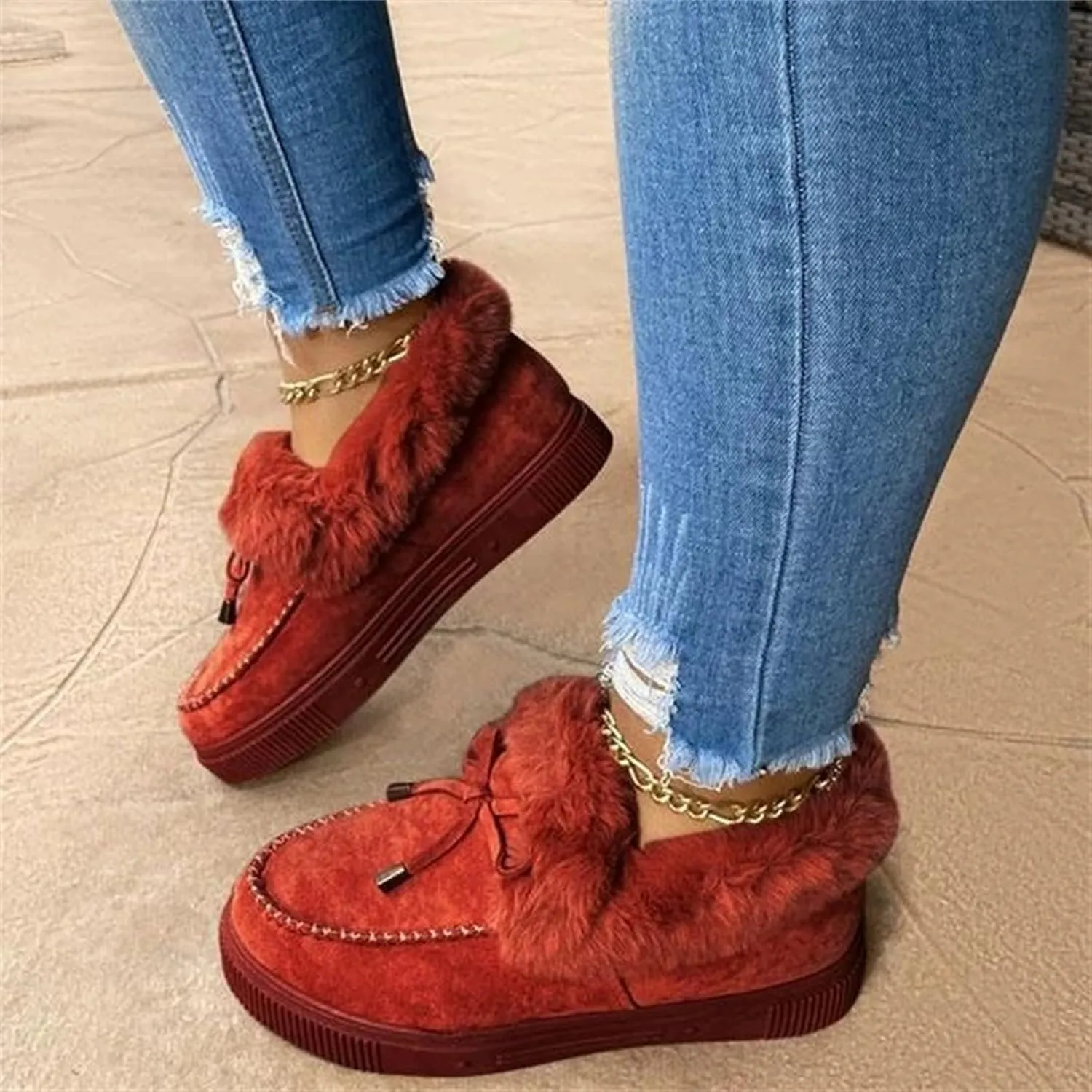 Lausiuoe Boots For Women Ankle Booties Winter Warm Snow Fuzzy Flat Loafers Cute Silp On Comfortable Casual Walking Shoes