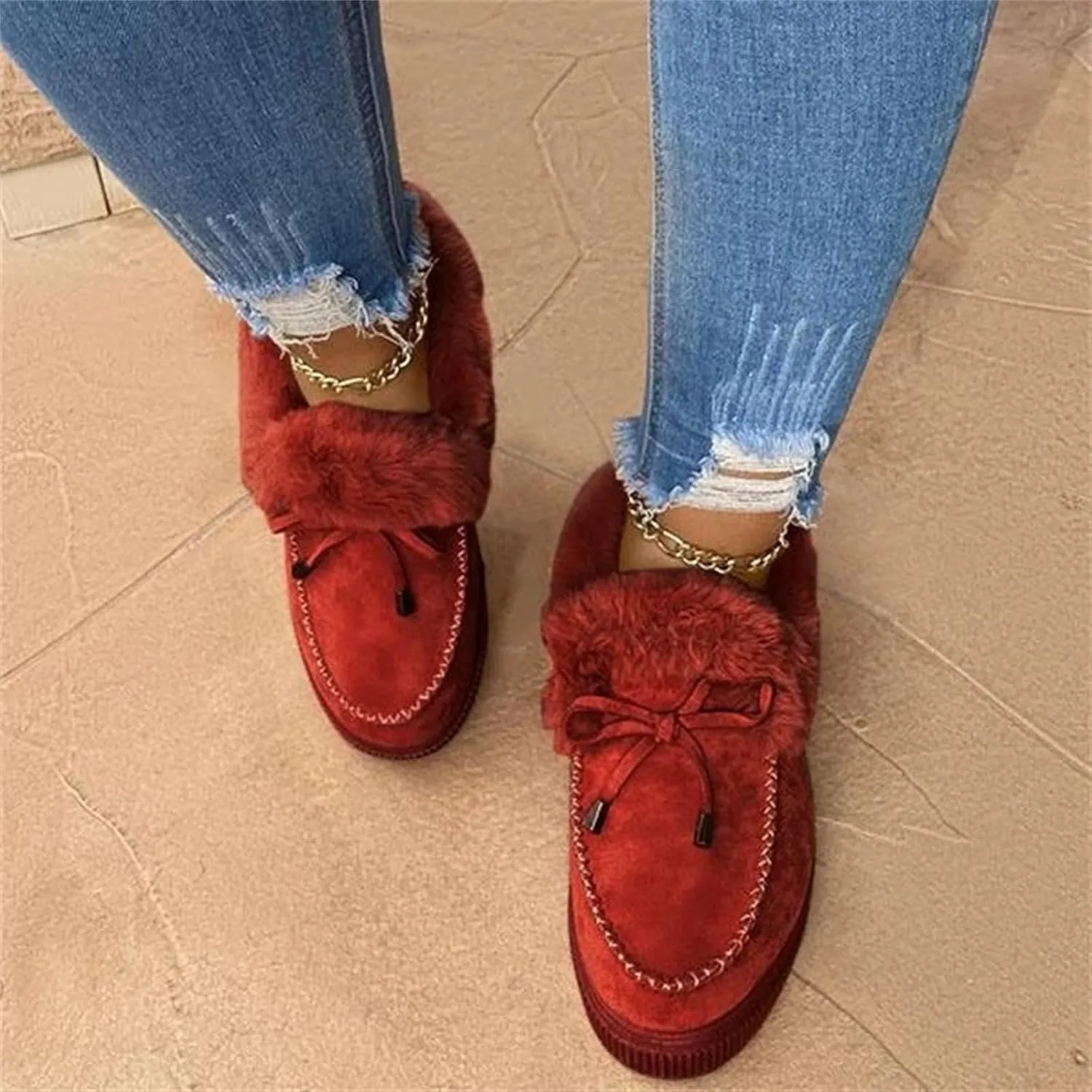 Lausiuoe Boots For Women Ankle Booties Winter Warm Snow Fuzzy Flat Loafers Cute Silp On Comfortable Casual Walking Shoes