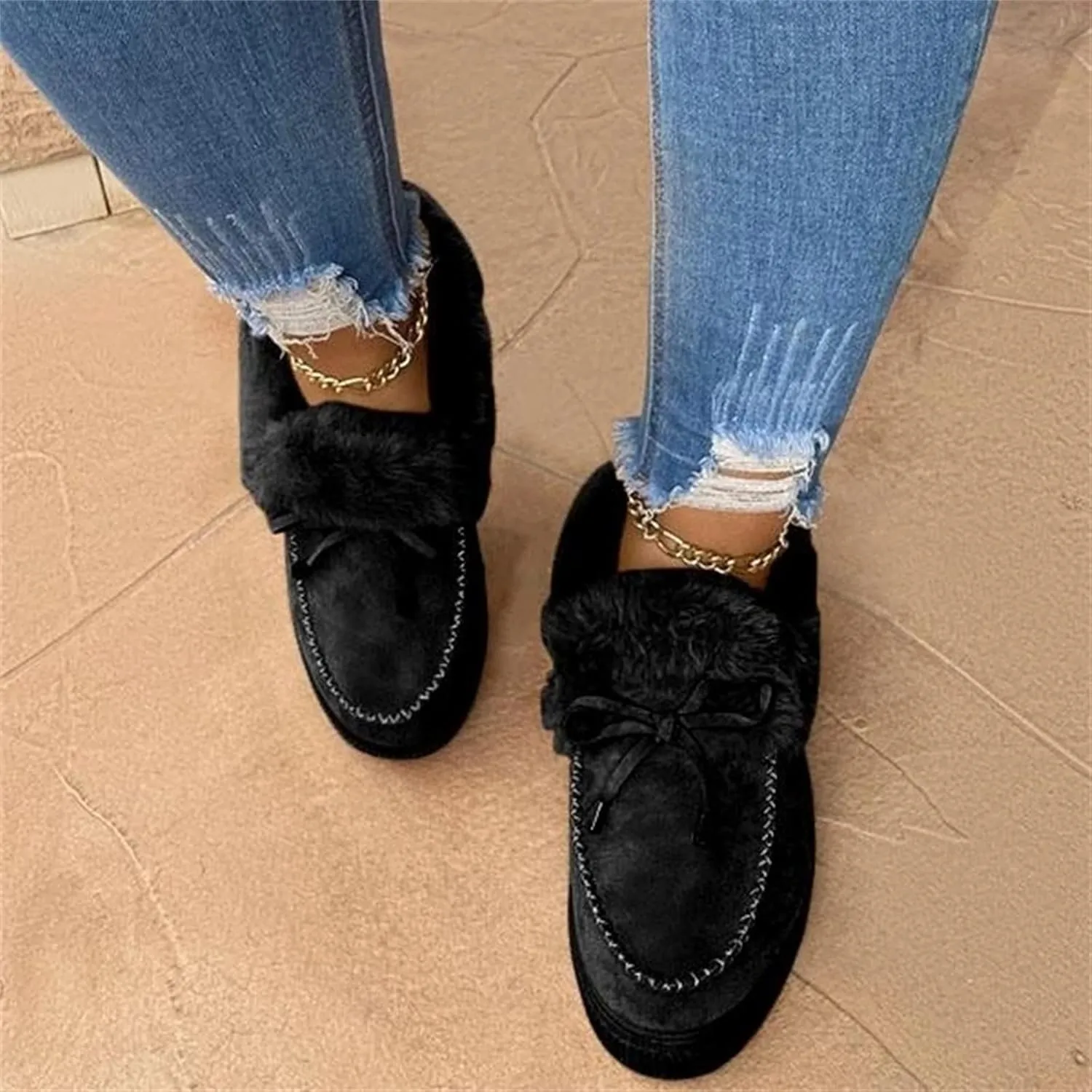 Lausiuoe Boots For Women Ankle Booties Winter Warm Snow Fuzzy Flat Loafers Cute Silp On Comfortable Casual Walking Shoes